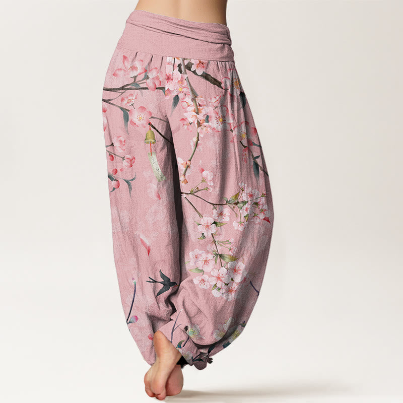 Cotton Peach Blossoms Flying Geese Pattern Women's Elastic Waist Harem Pants