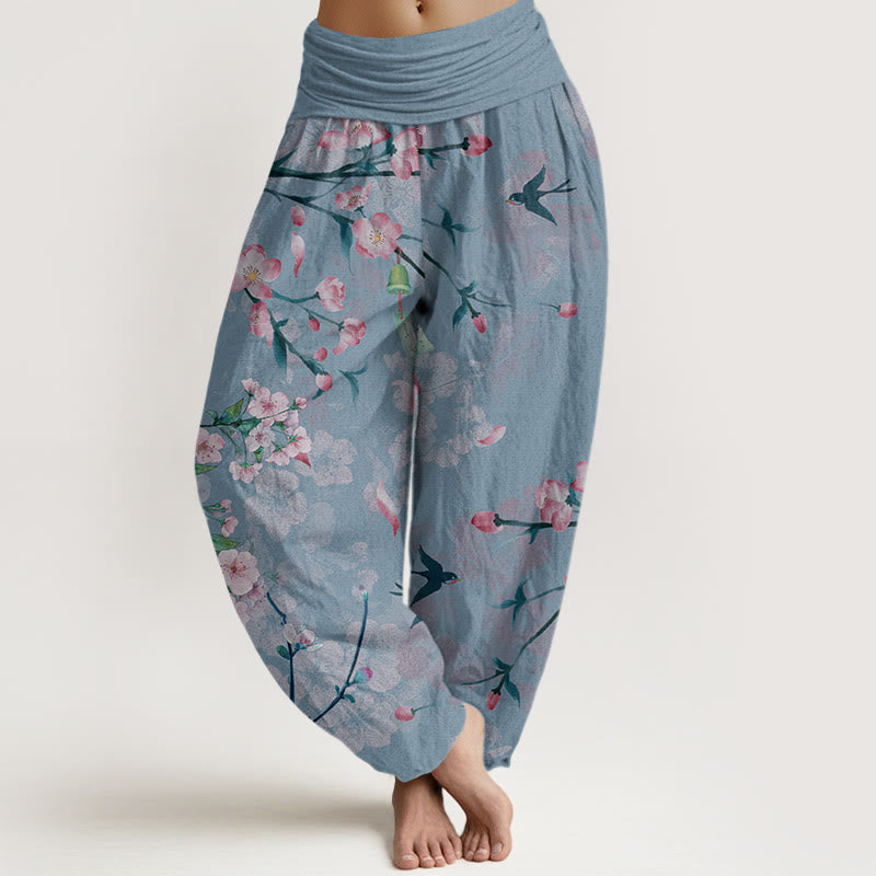 Cotton Peach Blossoms Flying Geese Pattern Women's Elastic Waist Harem Pants