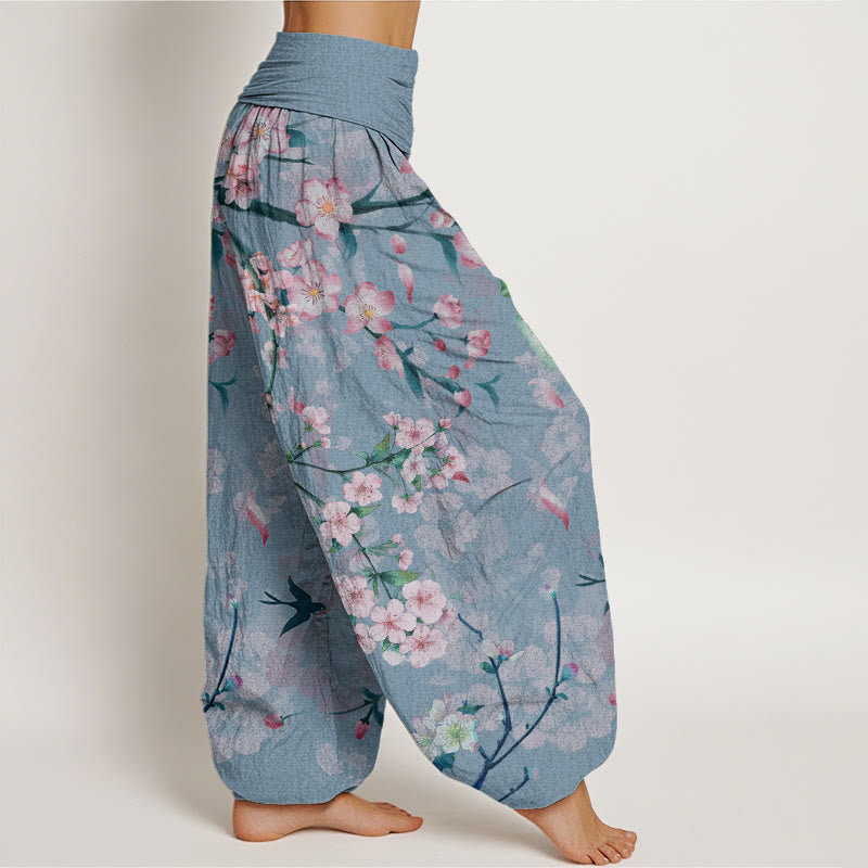 Cotton Peach Blossoms Flying Geese Pattern Women's Elastic Waist Harem Pants