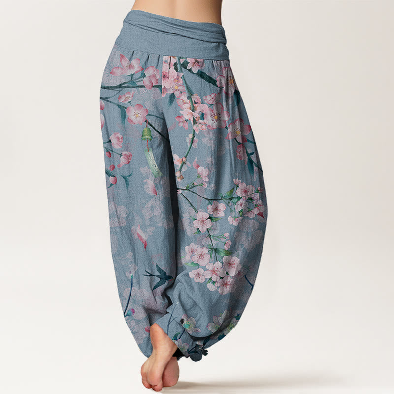 Cotton Peach Blossoms Flying Geese Pattern Women's Elastic Waist Harem Pants