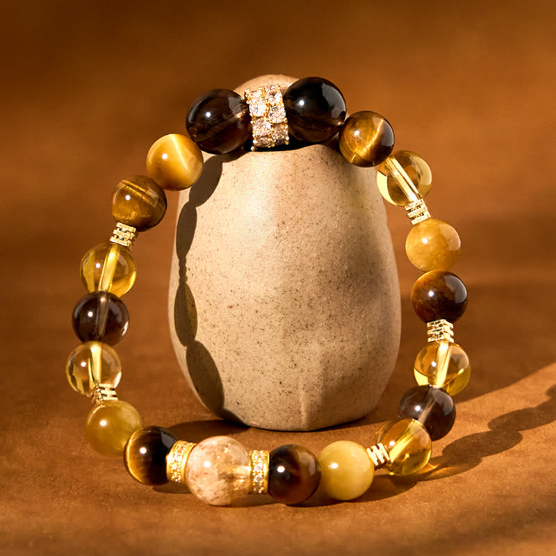 Citrine Topaz Smoky Quartz & Tiger Eye Beaded Gemstone Energy Bracelet
