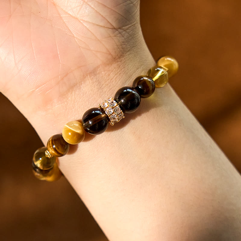 Citrine Topaz Smoky Quartz & Tiger Eye Beaded Gemstone Energy Bracelet