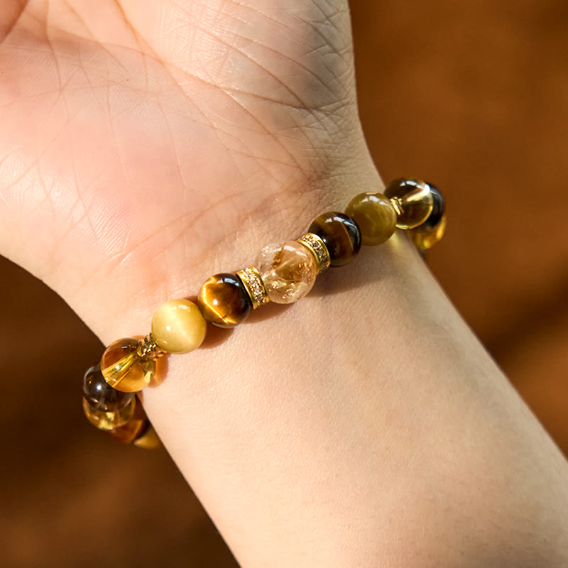 Citrine Topaz Smoky Quartz & Tiger Eye Beaded Gemstone Energy Bracelet