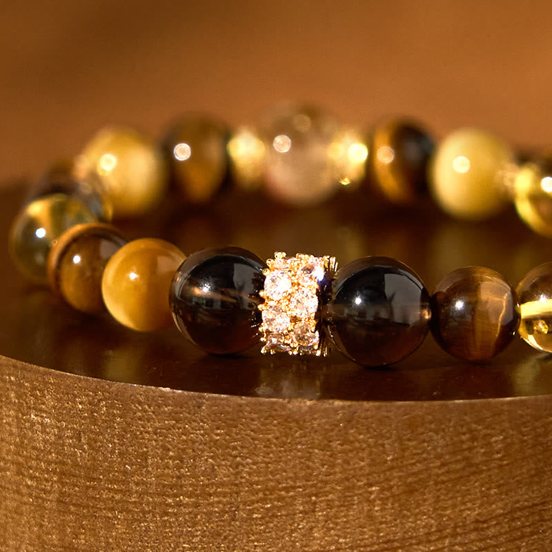 Citrine Topaz Smoky Quartz & Tiger Eye Beaded Gemstone Energy Bracelet