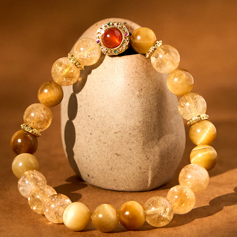 Red Agate Tiger Eye Citrine Gold & Copper Accented Energy Bracelet