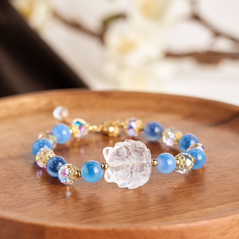 Natural Blue Candy Agate White Crystal Nine Tailed Fox Harmony Bracelet