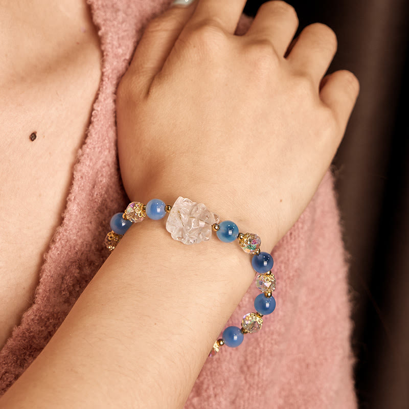 Natural Blue Candy Agate White Crystal Nine Tailed Fox Harmony Bracelet
