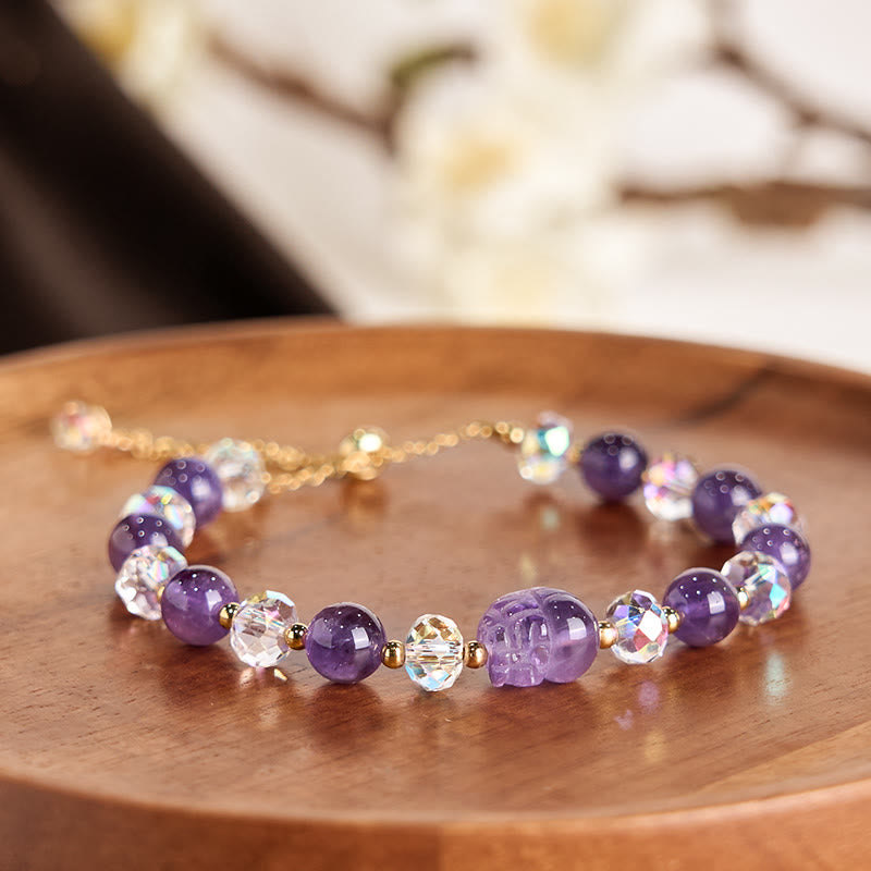 Natural Amethyst and Clear Quartz 18K Gold Copper Pixiu Beaded Bracelet