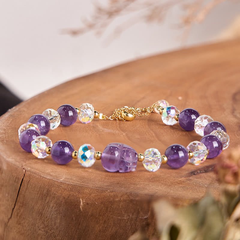 Natural Amethyst & Clear Quartz Gold Copper Pixiu Crystal Beaded Bracelet