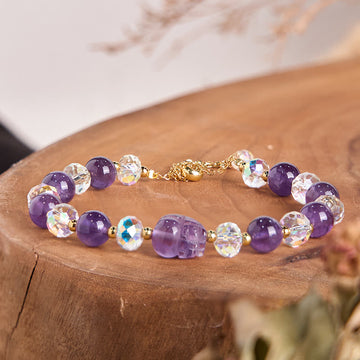Natural Amethyst and Clear Quartz 18K Gold Copper Pixiu Beaded Bracelet
