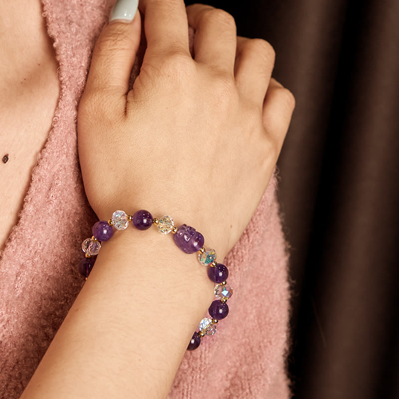 Natural Amethyst and Clear Quartz 18K Gold Copper Pixiu Beaded Bracelet