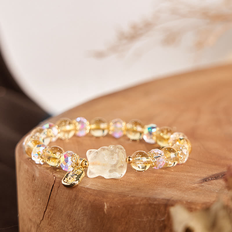 Natural Citrine & Clear Quartz Beaded Bracelet with Fox Centerpiece, 18K Gold & Copper Accents