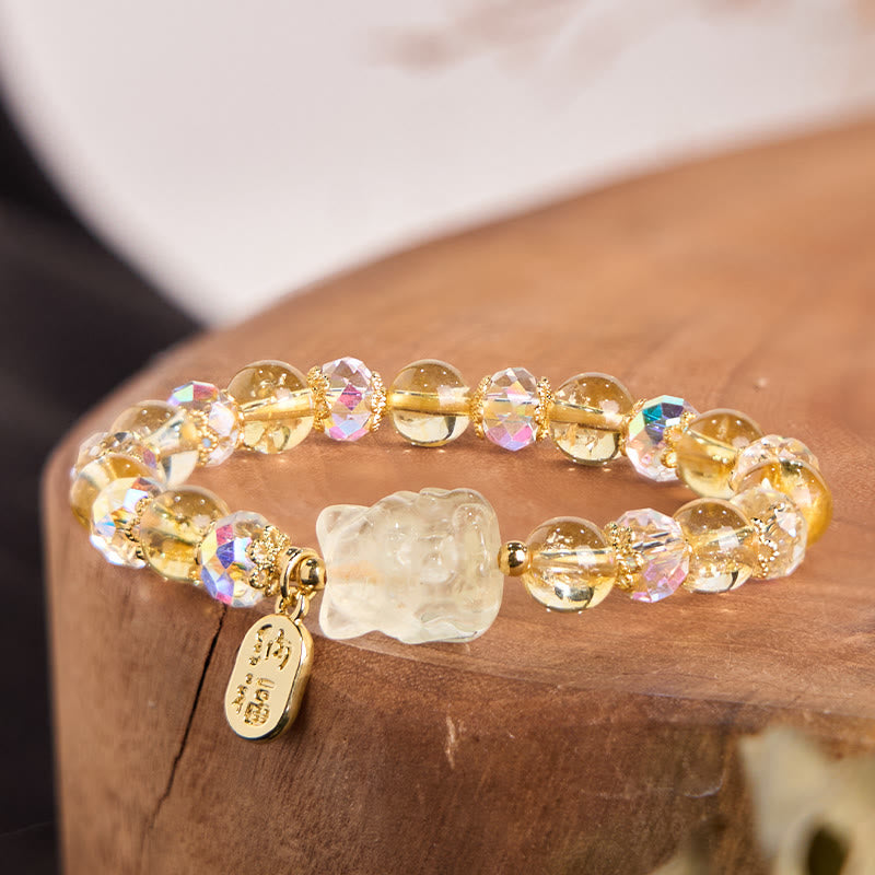 Natural Citrine & Clear Quartz Beaded Bracelet with Fox Centerpiece, 18K Gold & Copper Accents