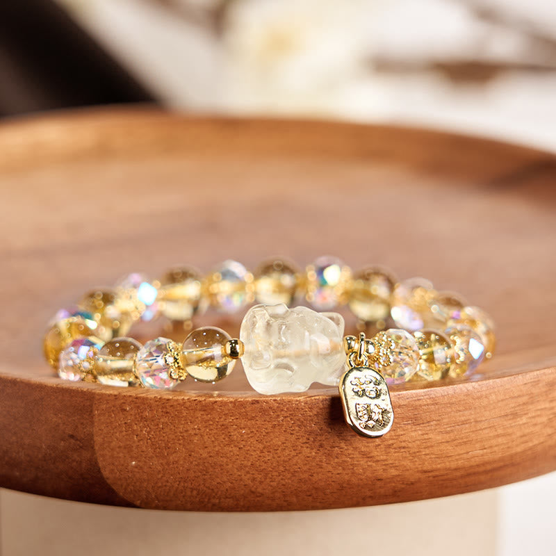 Natural Citrine White Crystal Nine Tailed Fox Attracting Wealth Charm Energy Bracelet