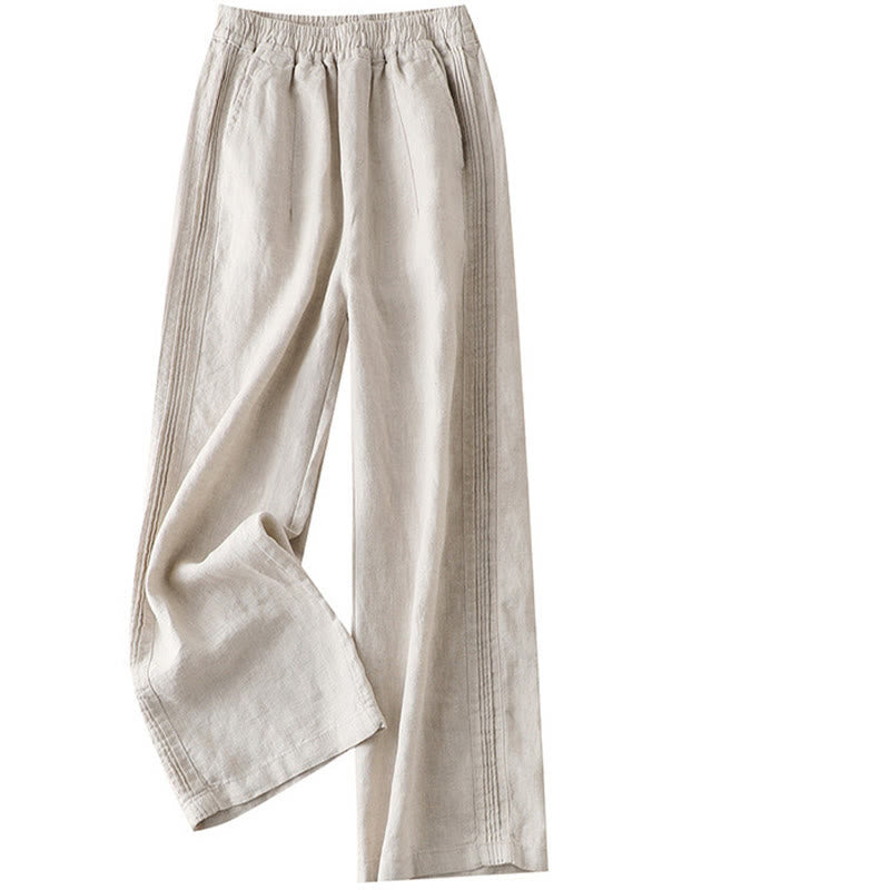 Casual Plain Color Side Pleats Cotton Linen Women's Wide Leg Pants With Pockets