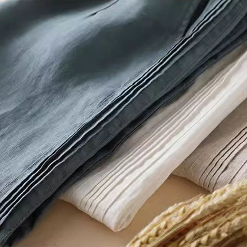 Casual Plain Color Side Pleats Cotton Linen Women's Wide Leg Pants With Pockets