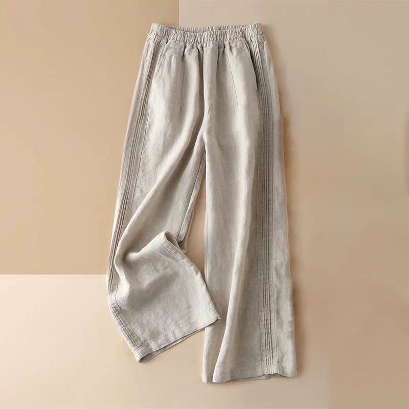 Casual Plain Color Side Pleats Cotton Linen Women's Wide Leg Pants With Pockets