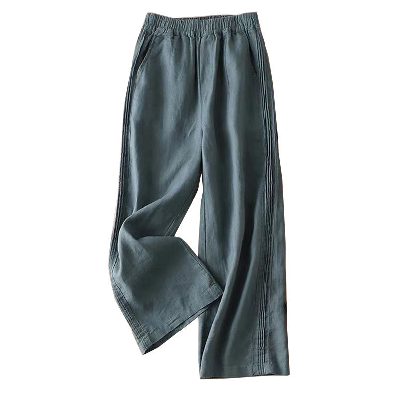 Casual Plain Color Side Pleats Cotton Linen Women's Wide Leg Pants With Pockets