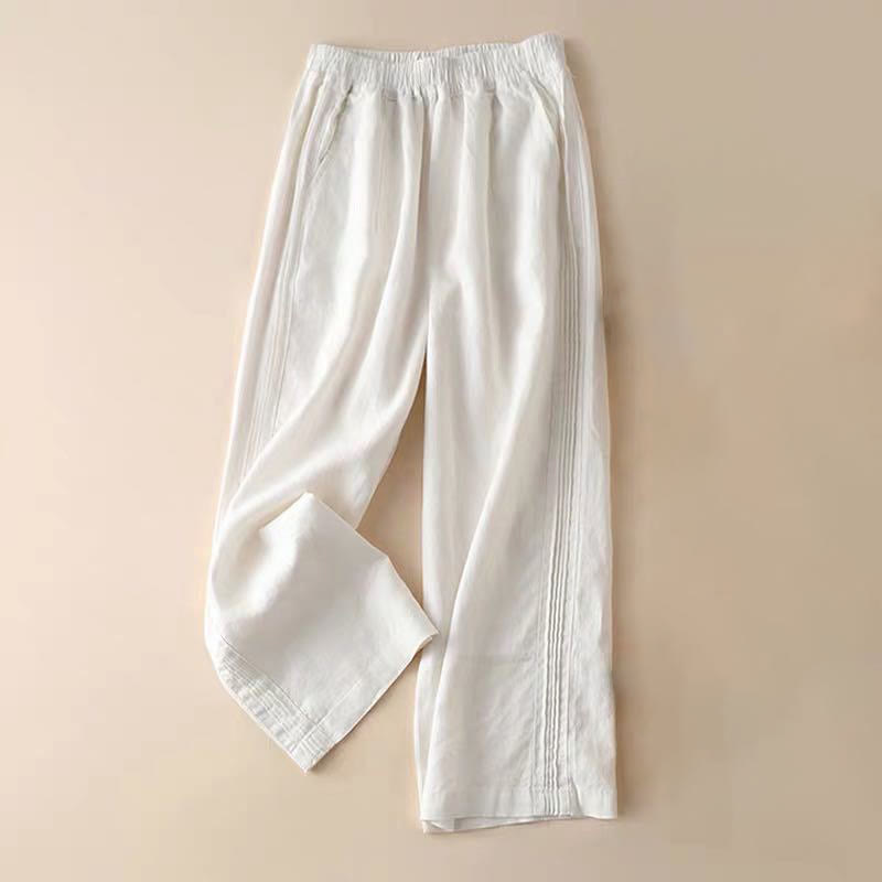 Casual Plain Color Side Pleats Cotton Linen Women's Wide Leg Pants With Pockets