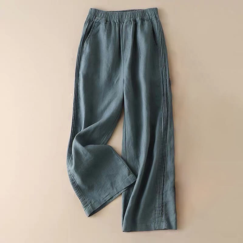 Casual Plain Color Side Pleats Cotton Linen Women's Wide Leg Pants With Pockets