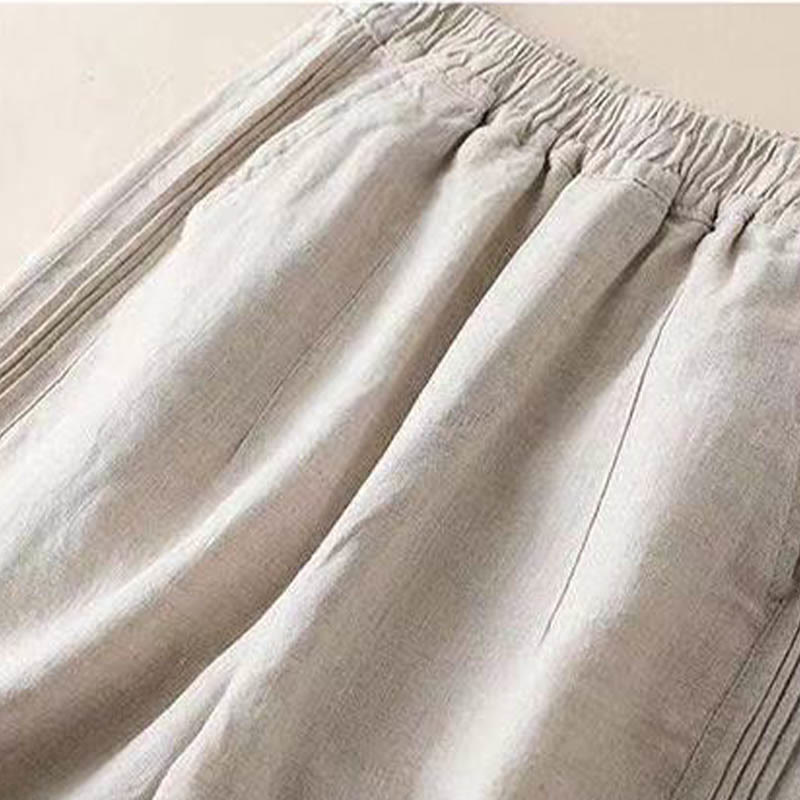 Casual Plain Color Side Pleats Cotton Linen Women's Wide Leg Pants With Pockets