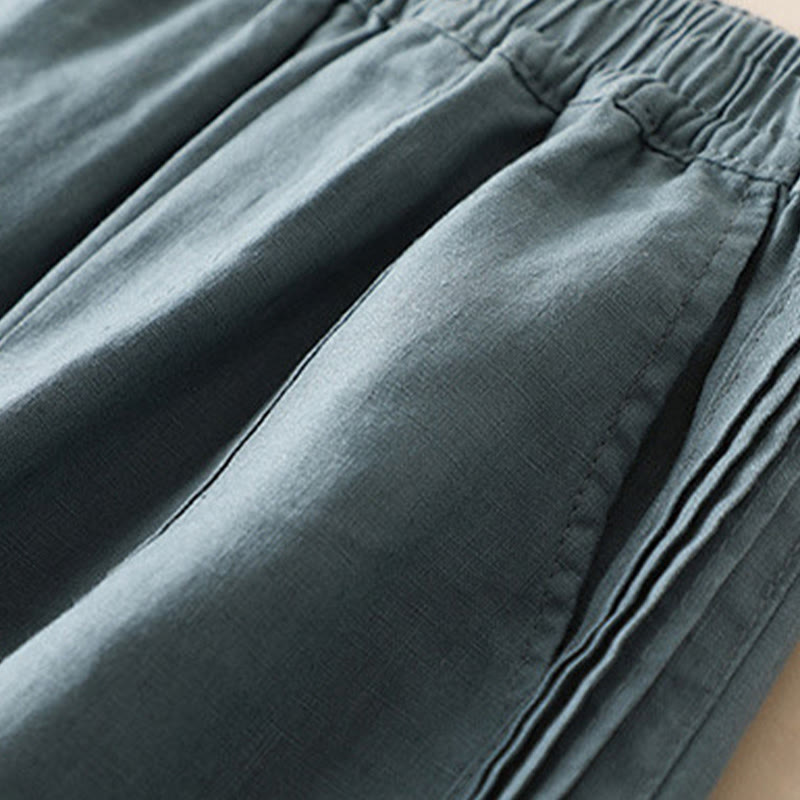 Casual Plain Color Side Pleats Cotton Linen Women's Wide Leg Pants With Pockets