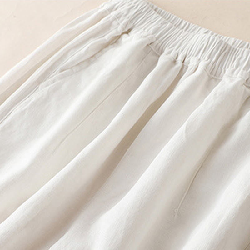 Casual Plain Color Side Pleats Cotton Linen Women's Wide Leg Pants With Pockets