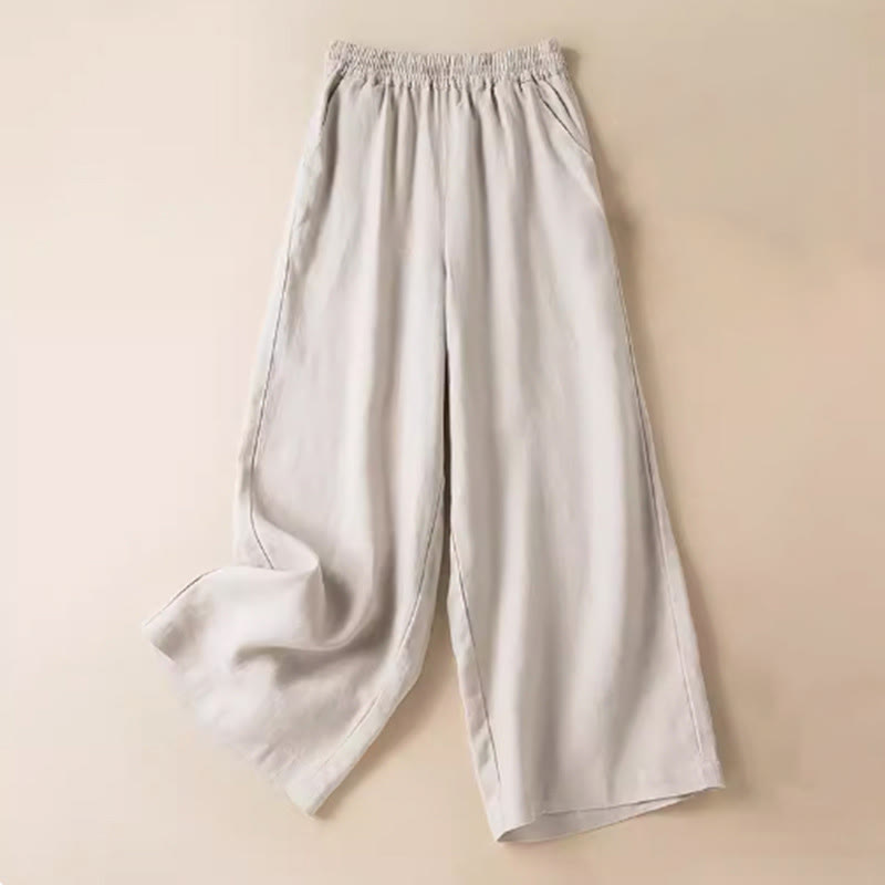 Casual Solid Color Cotton Linen Women's Wide Leg Pants With Pockets
