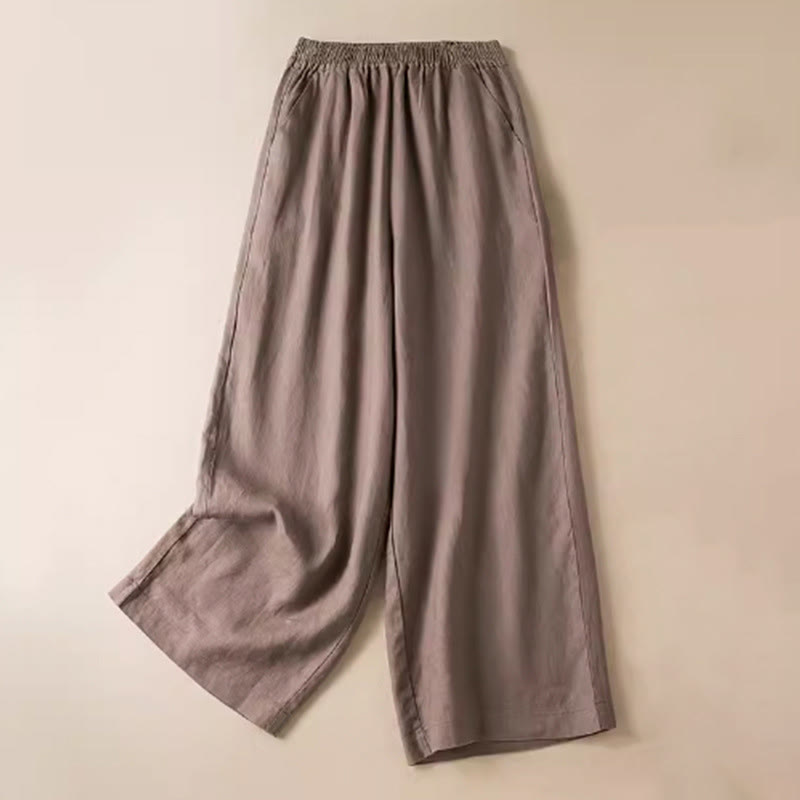 Casual Solid Color Cotton Linen Women's Wide Leg Pants With Pockets