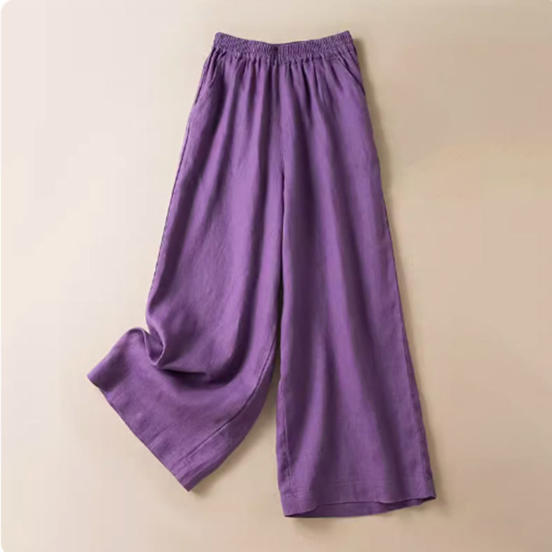 Casual Solid Color Cotton Linen Women's Wide Leg Pants With Pockets