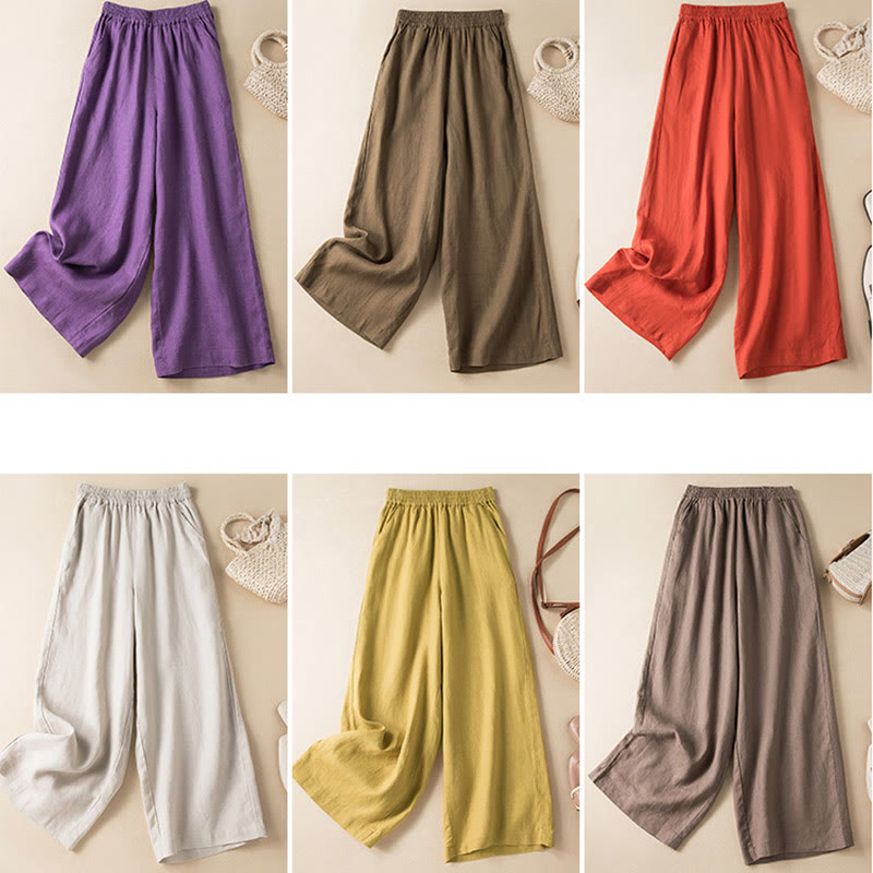 Casual Solid Color Cotton Linen Women's Wide Leg Pants With Pockets