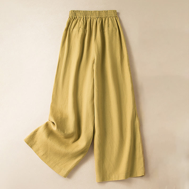 Casual Solid Color Cotton Linen Women's Wide Leg Pants With Pockets