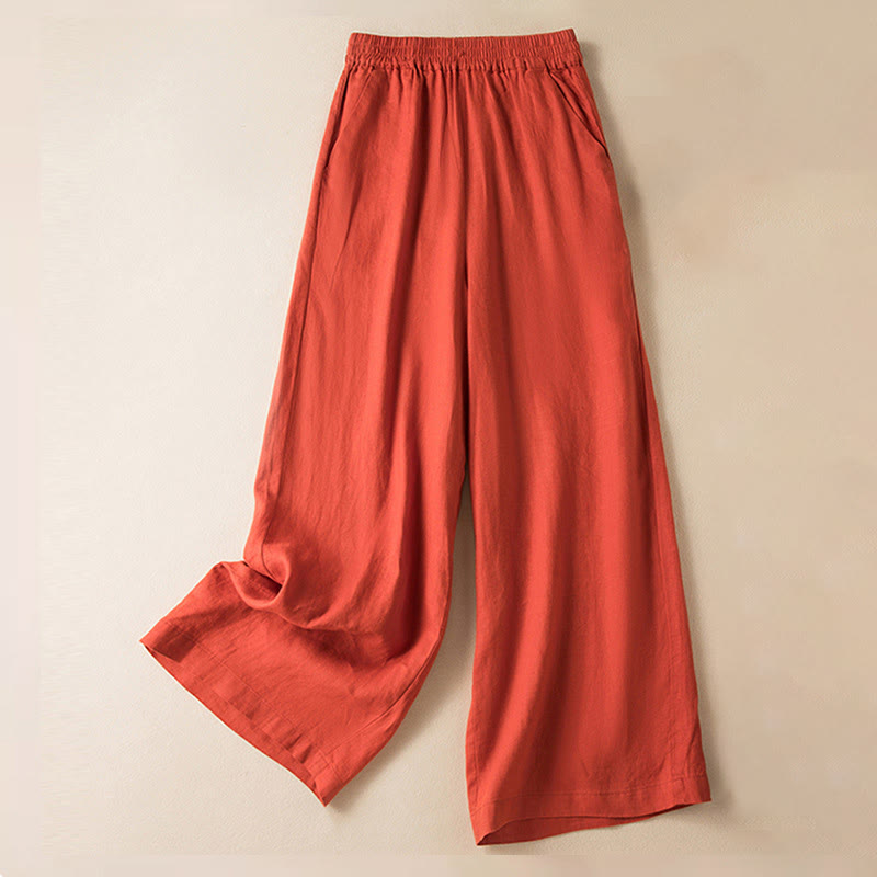 Casual Solid Color Cotton Linen Women's Wide Leg Pants With Pockets