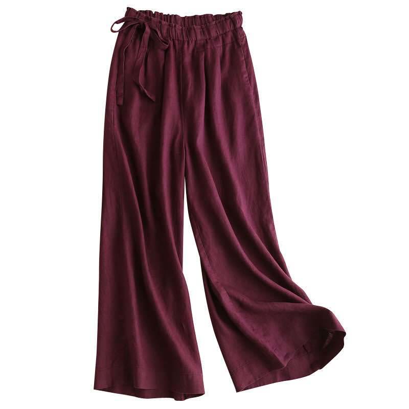 Casual Plain Color Lace-up Cotton Linen Women's Wide Leg Pants