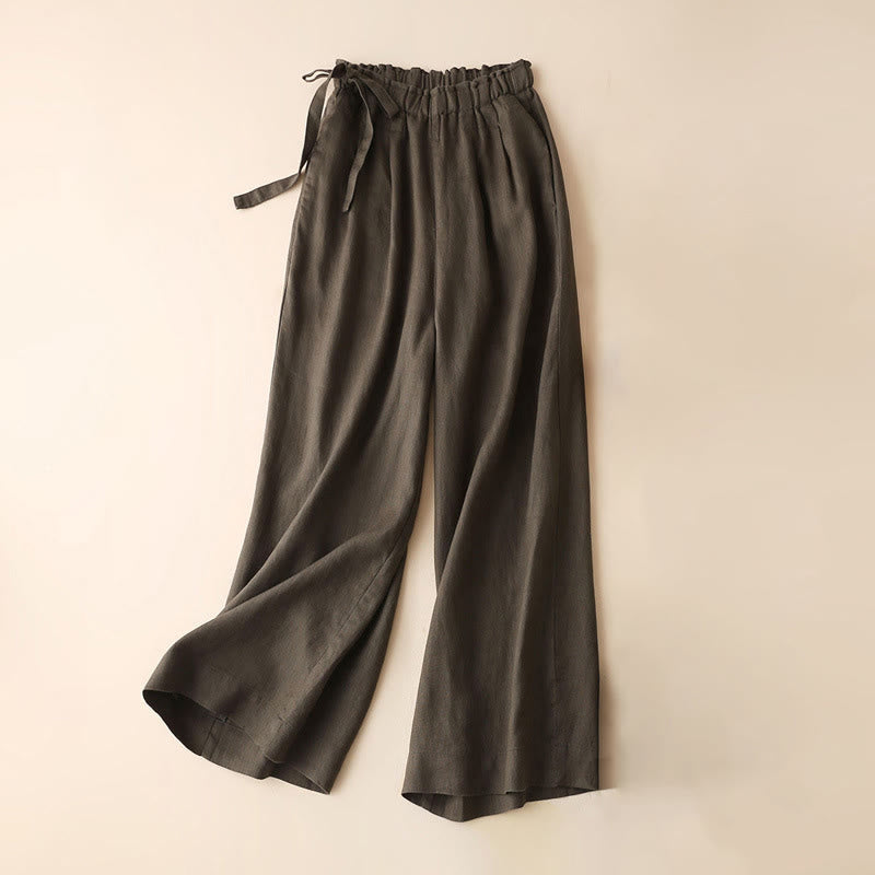Casual Plain Color Lace-up Cotton Linen Women's Wide Leg Pants