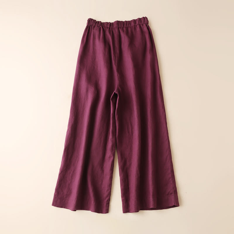 Casual Plain Color Lace-up Cotton Linen Women's Wide Leg Pants
