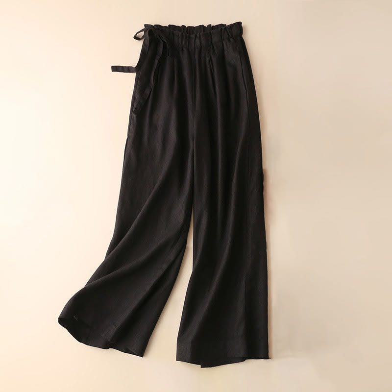 Casual Plain Color Lace-up Cotton Linen Women's Wide Leg Pants