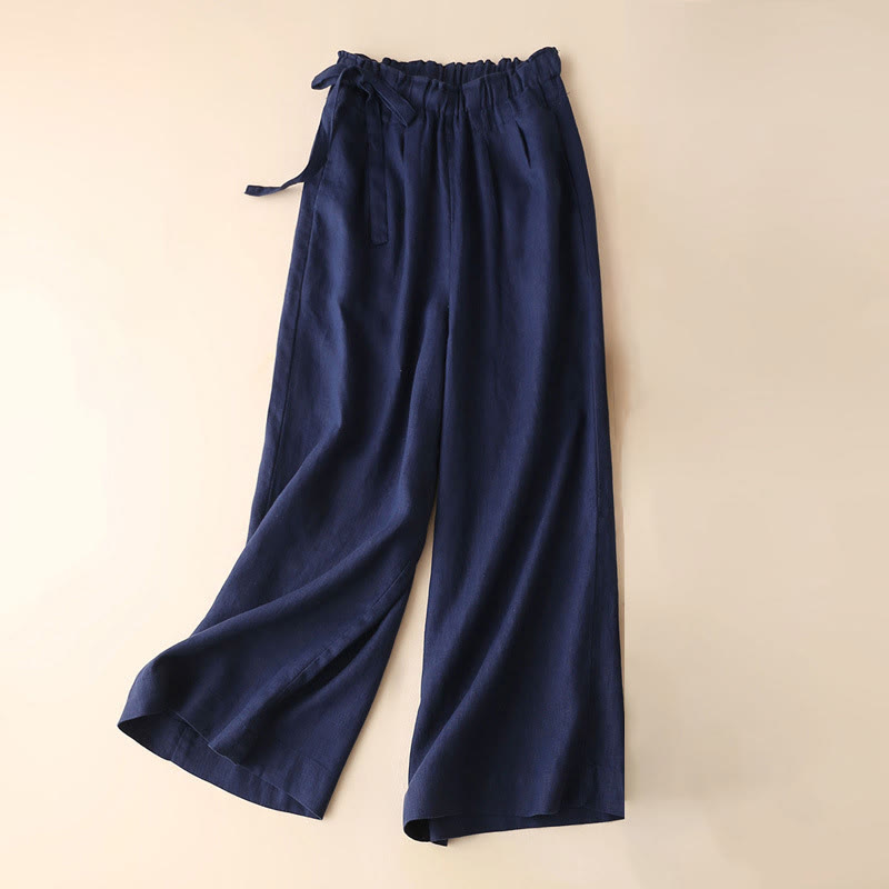 Casual Plain Color Lace-up Cotton Linen Women's Wide Leg Pants