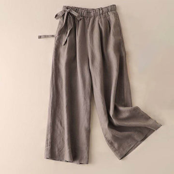 Casual Plain Color Lace-up Cotton Linen Women's Wide Leg Pants
