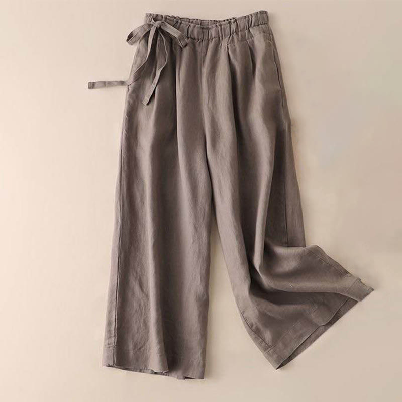 Casual Plain Color Lace-up Cotton Linen Women's Wide Leg Pants