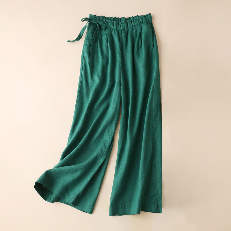 Casual Plain Color Lace-up Cotton Linen Women's Wide Leg Pants