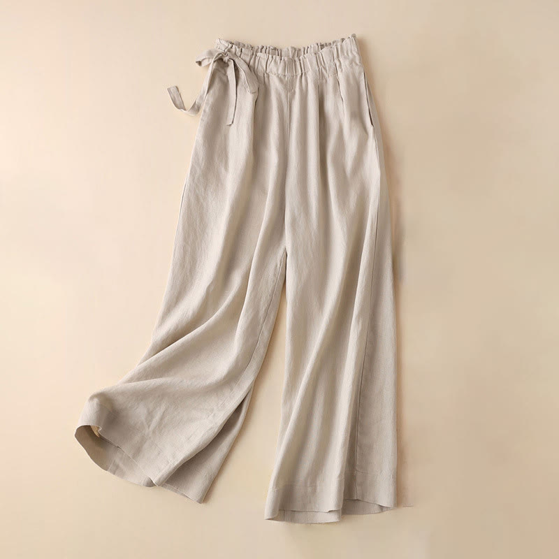 Casual Plain Color Lace-up Cotton Linen Women's Wide Leg Pants