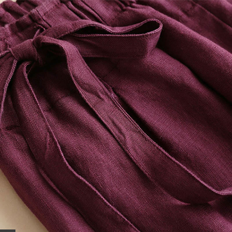 Casual Plain Color Lace-up Cotton Linen Women's Wide Leg Pants