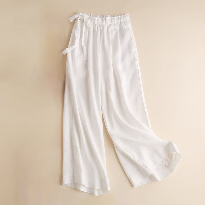 Casual Plain Color Lace-up Cotton Linen Women's Wide Leg Pants