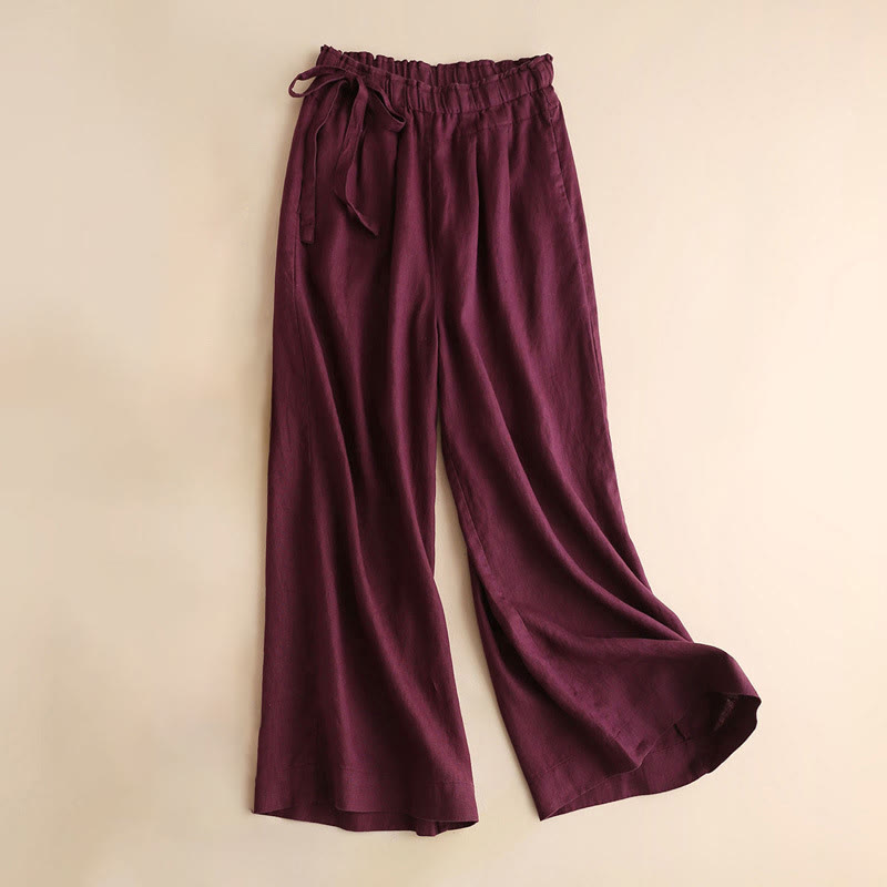 Casual Plain Color Lace-up Cotton Linen Women's Wide Leg Pants