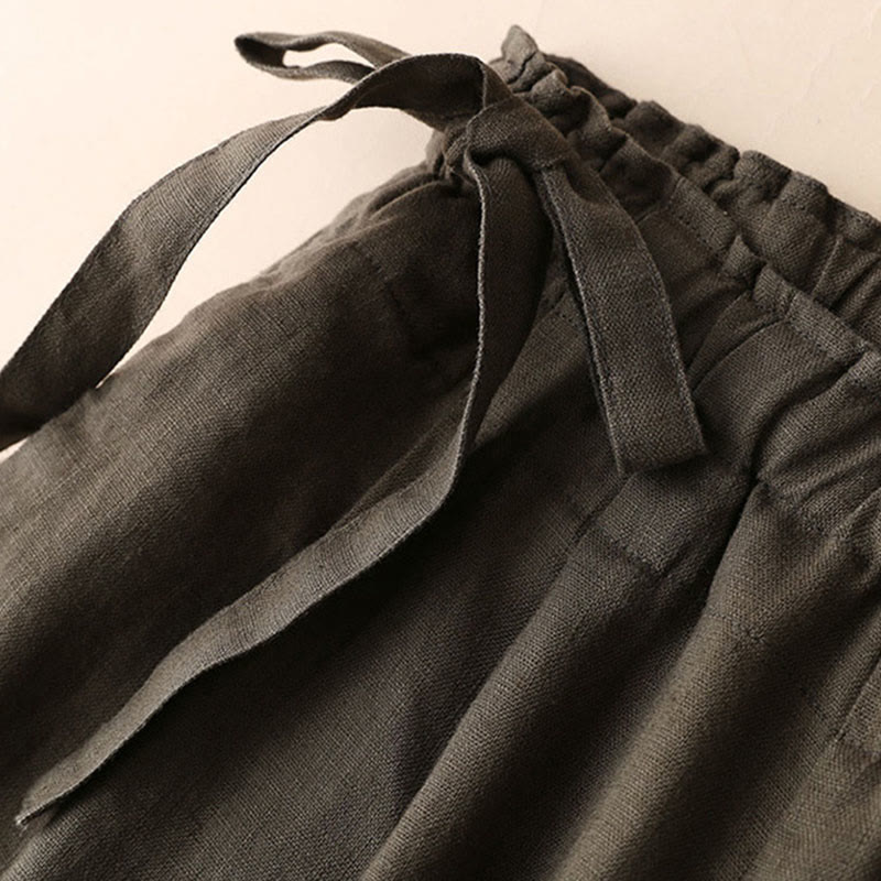 Casual Plain Color Lace-up Cotton Linen Women's Wide Leg Pants