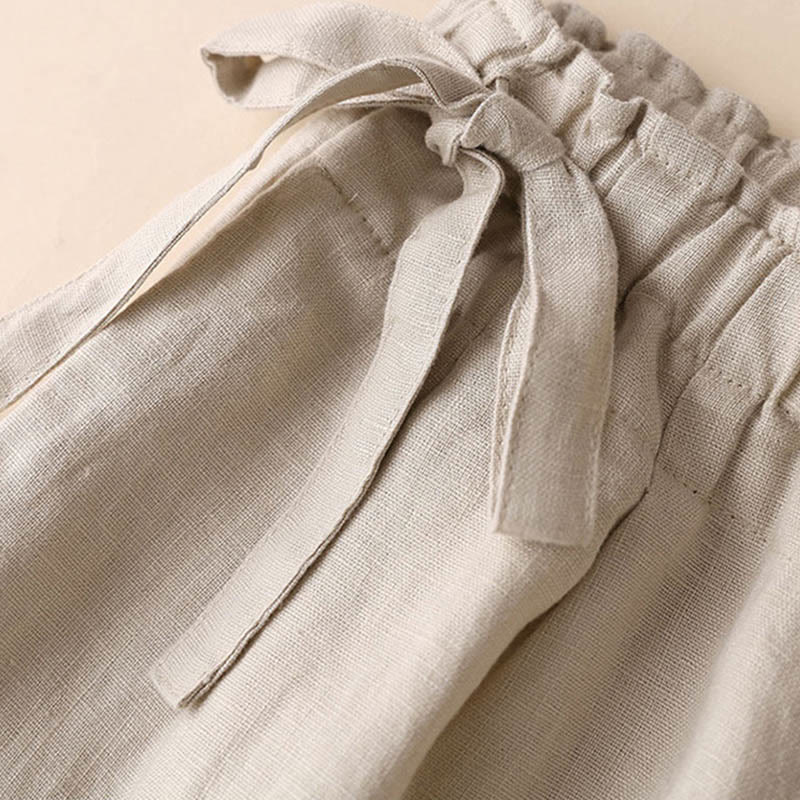 Casual Plain Color Lace-up Cotton Linen Women's Wide Leg Pants