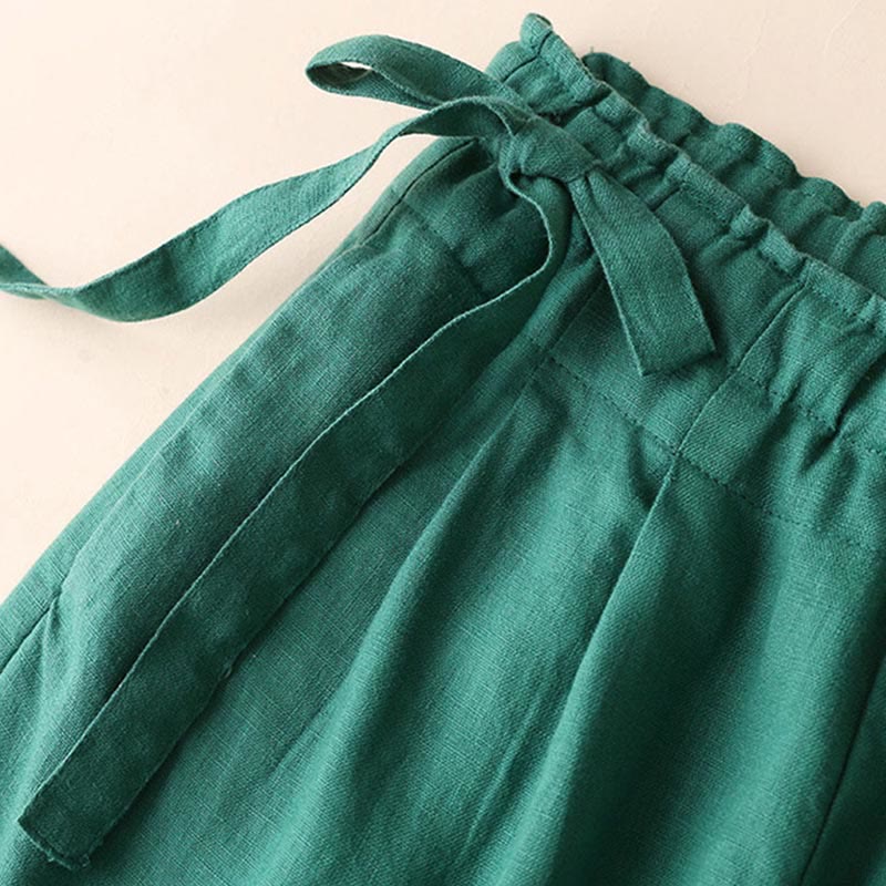 Casual Plain Color Lace-up Cotton Linen Women's Wide Leg Pants
