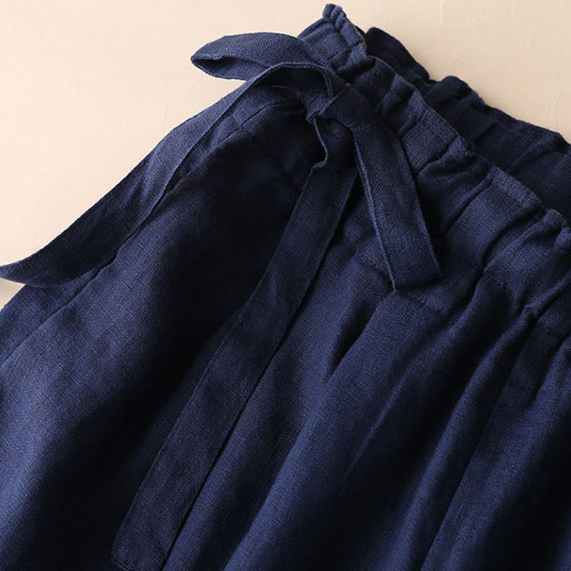Casual Plain Color Lace-up Cotton Linen Women's Wide Leg Pants