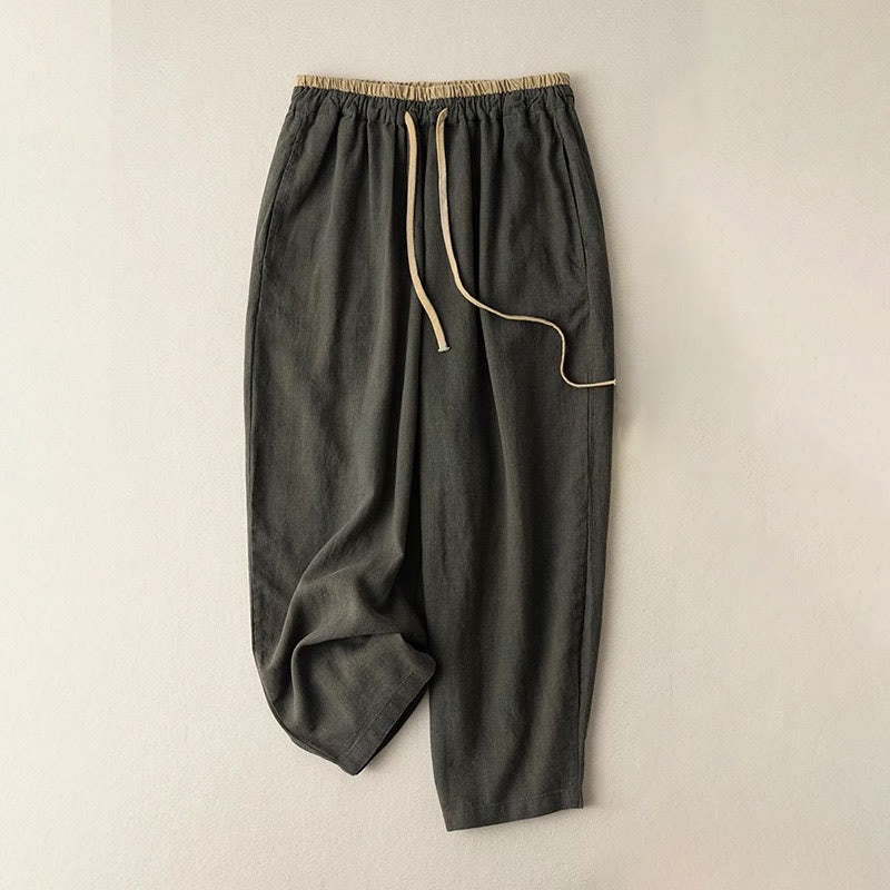 Casual Solid Color Cotton Linen Drawstring Women's Pants With Pockets